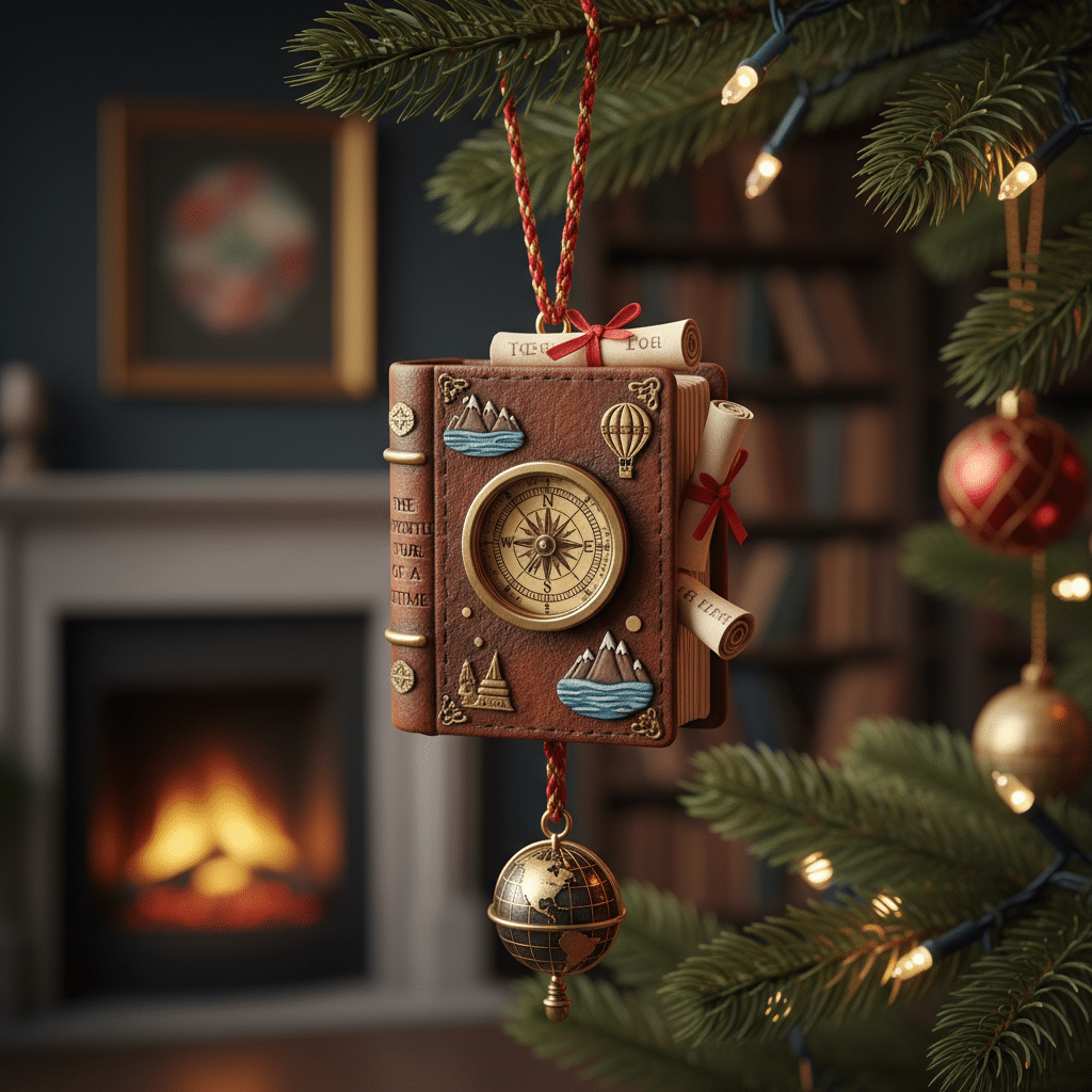 Vintage book ornament with compass and globe hangs on Christmas tree, cozy fireplace in the background.