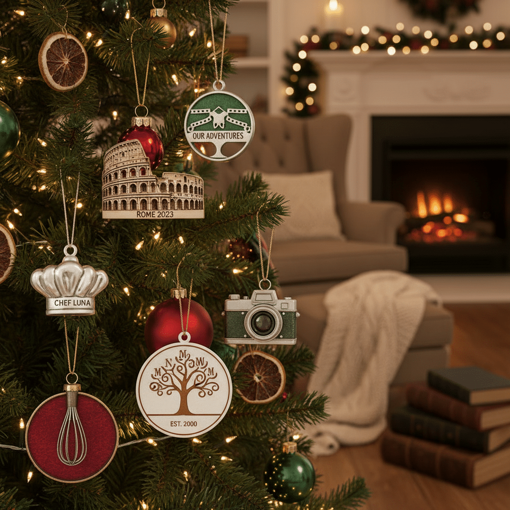 Festive Christmas tree with travel-themed ornaments, cozy living room, fireplace, books, and twinkling lights in the background. holiday decor