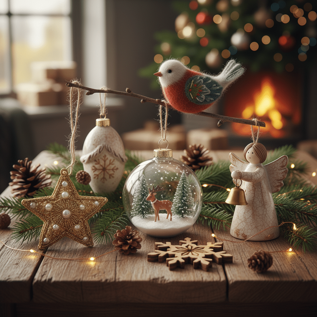 Festive Christmas decorations with ornaments, a cozy fireplace, and a glowing tree in the background.