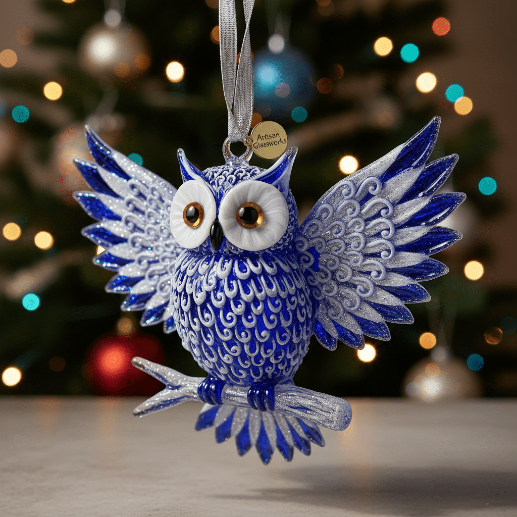Blue glass owl Christmas ornament hanging with festive bokeh lights in the background.