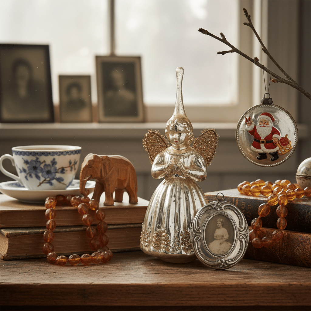 Vintage items with angel, Santa ornament, books, teacup, and beads on a wooden table by a window.
