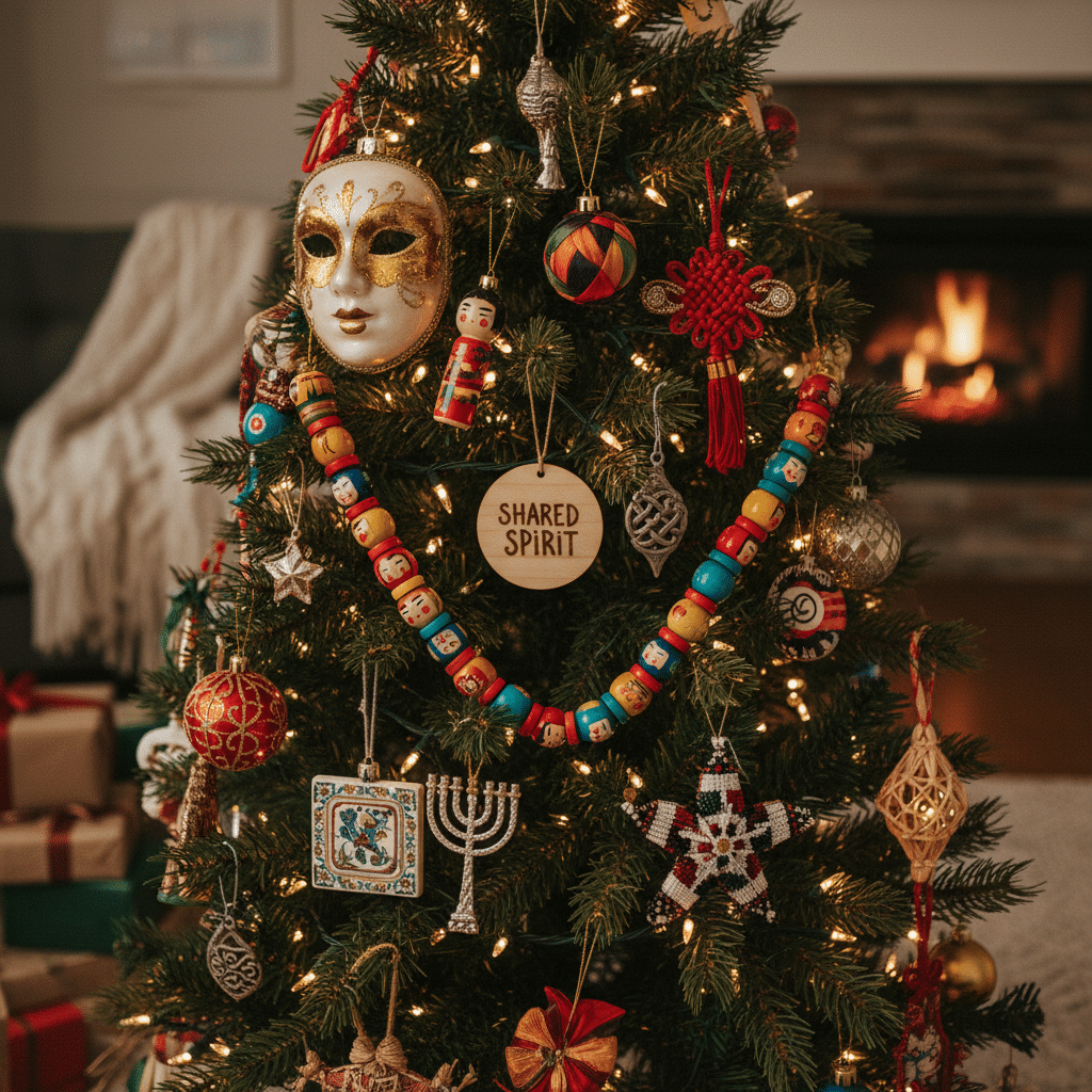 Festive Christmas tree with diverse cultural ornaments, glowing lights, and a cozy fireplace in the background.