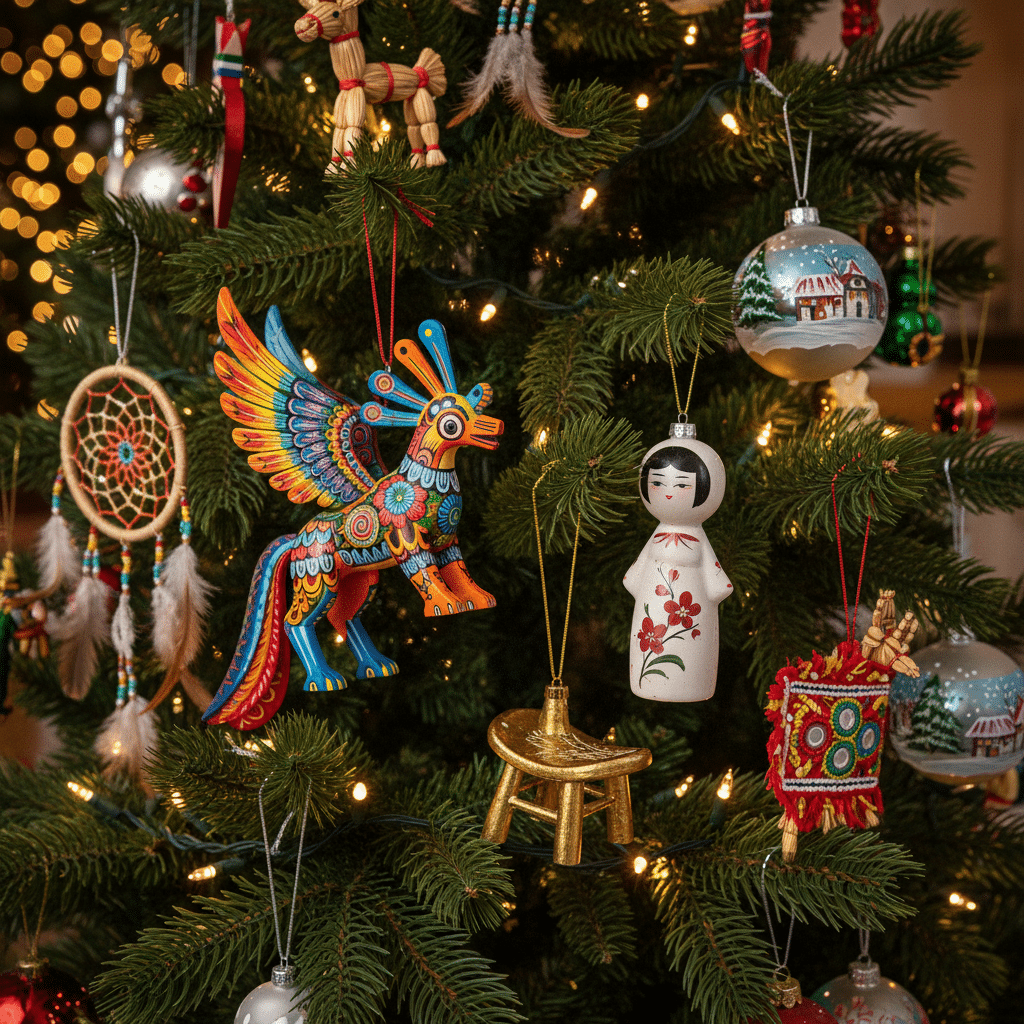 Colorful ornaments on a lit Christmas tree, featuring cultural motifs and intricate designs.