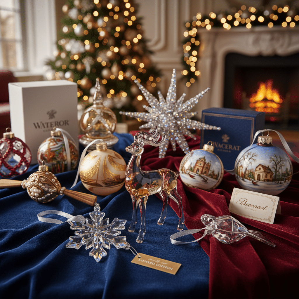 Elegant Christmas ornaments displayed with a crystal reindeer and snowflake, set by a cozy fireplace and decorated tree.