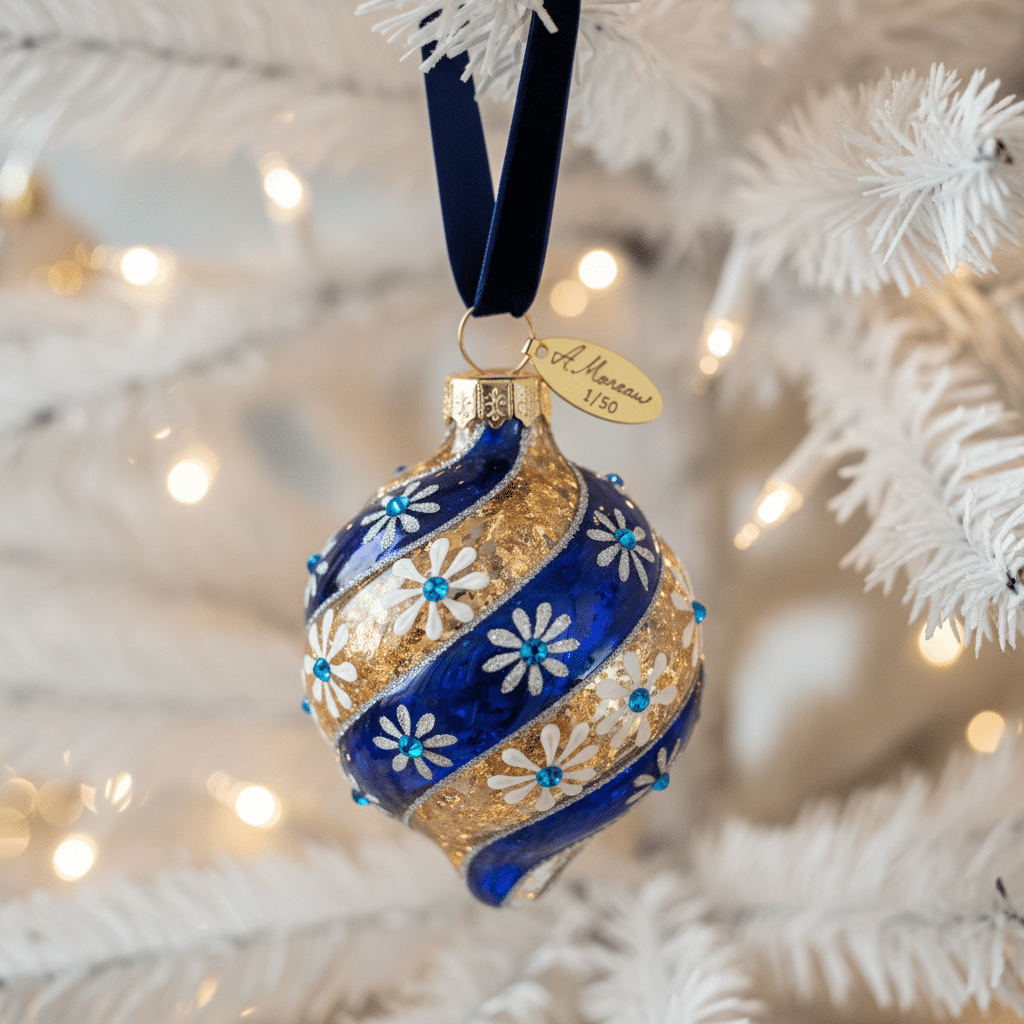 Blue and gold ornate Christmas ornament hanging on a white tree with lights.