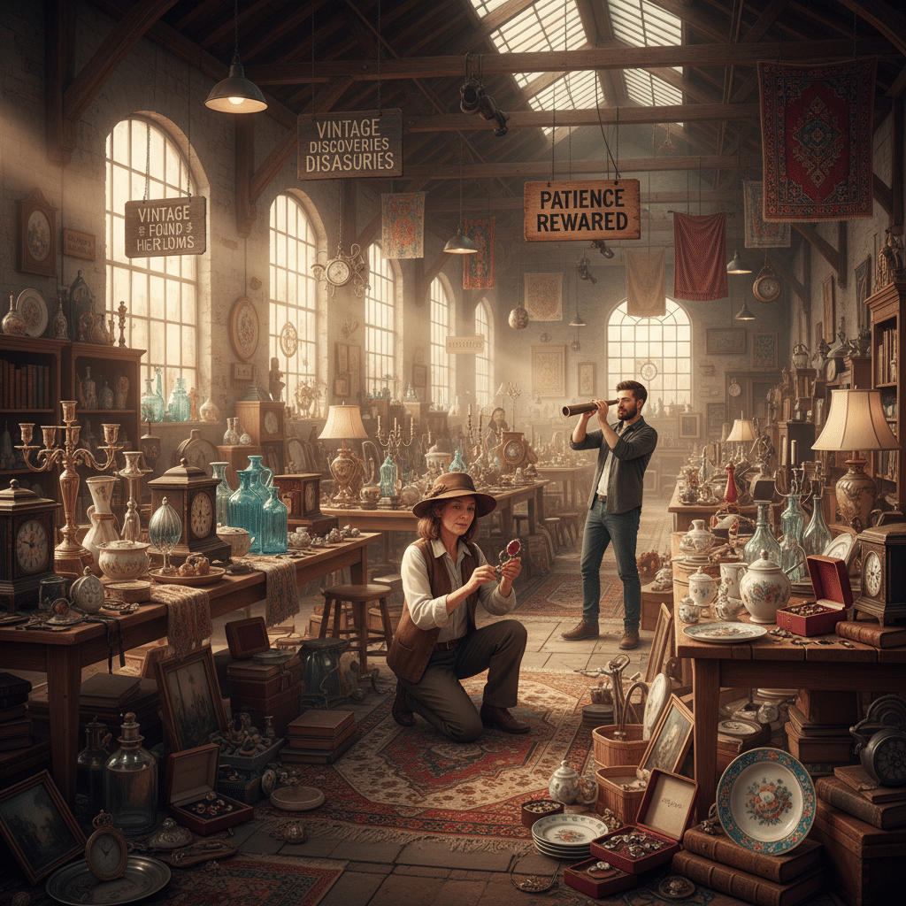 People exploring a vintage shop with antiques, lamps, and glassware, capturing the essence of treasure hunting.
