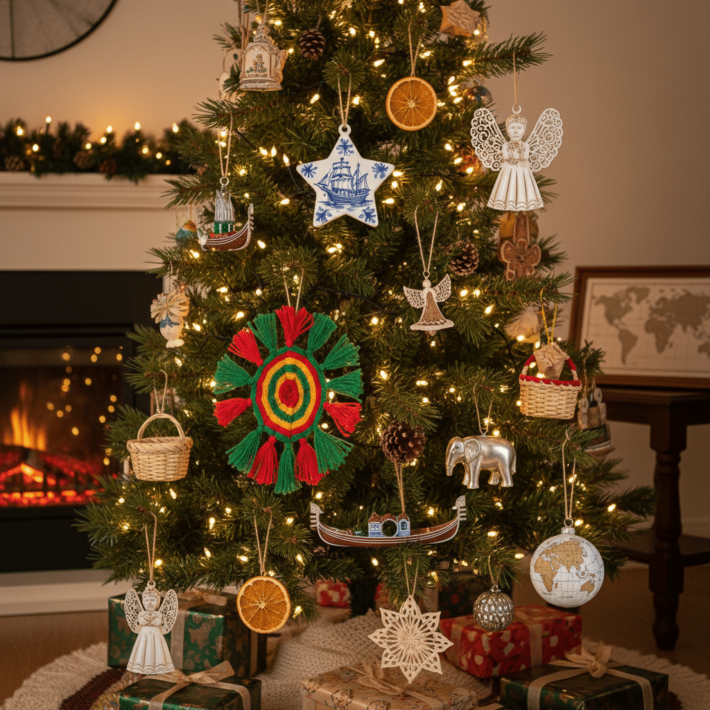 Decorated Christmas tree with various ornaments, glowing lights, and wrapped presents by a cozy fireplace.