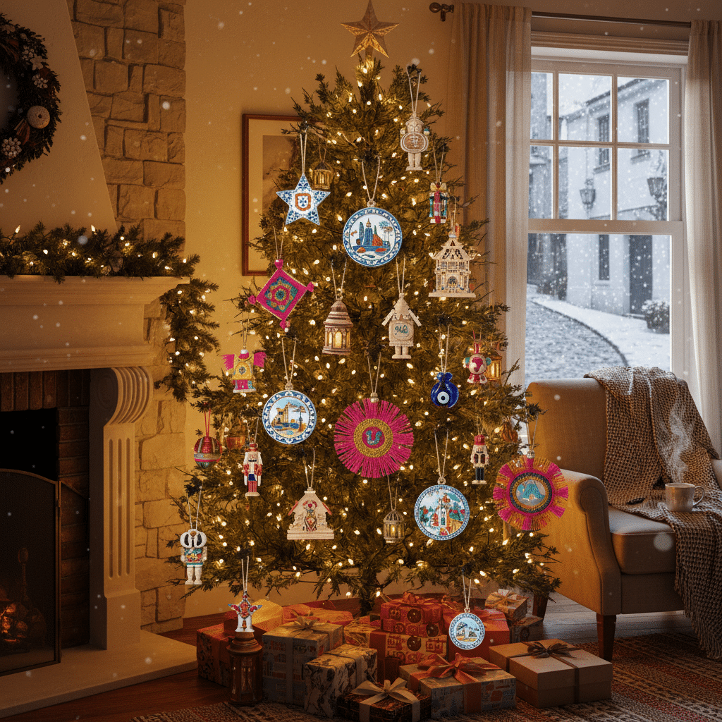 Cozy living room with a decorated Christmas tree, ornaments, and presents by the fireplace on a snowy day.