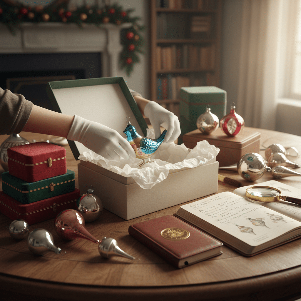 Person wearing gloves unboxing a colorful bird ornament on a table with holiday decor and a notebook.