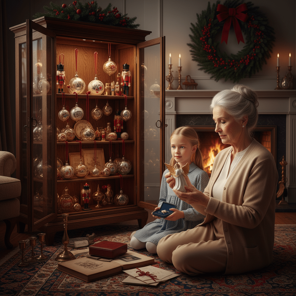 Grandmother and granddaughter admire Christmas ornaments by a fireplace, surrounded by holiday decorations and books.