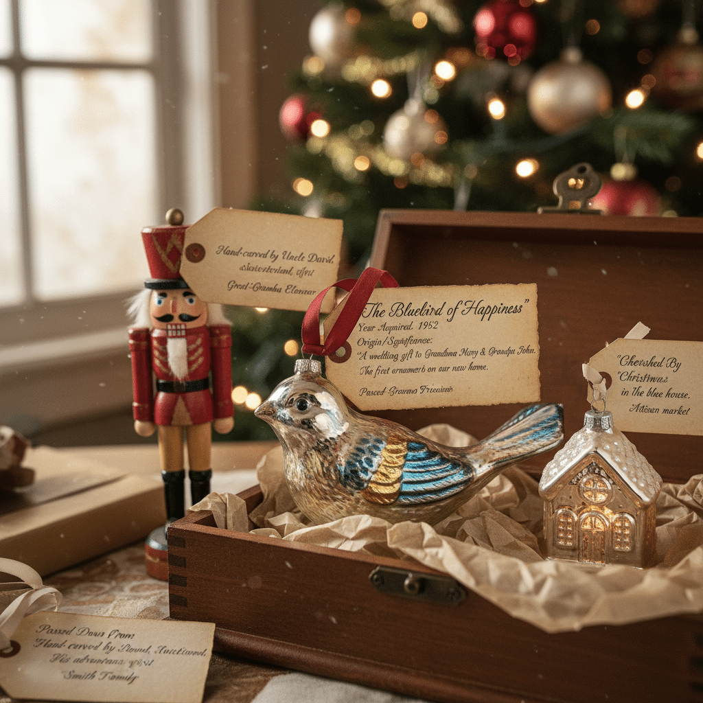 Christmas ornaments with bluebird and nutcracker, set against a festive tree backdrop. Retro holiday decor.