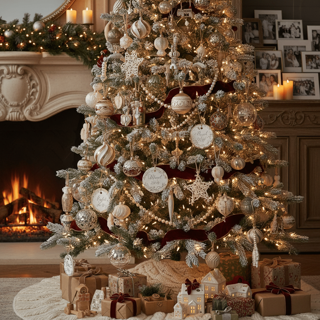 Elegant Christmas tree with gold ornaments and presents by a cozy fireplace, creating a festive holiday atmosphere.
