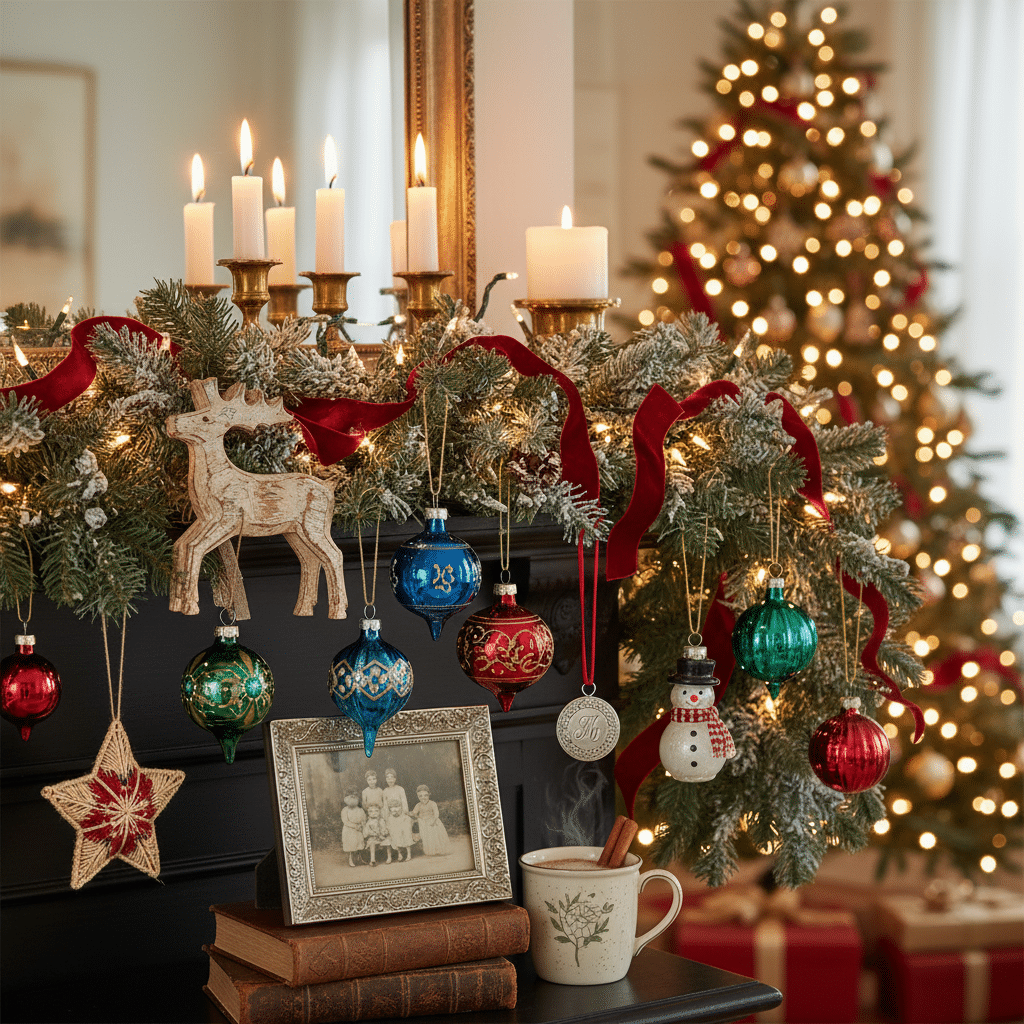 Festive Christmas mantel decor with ornaments, candles, and a tree in the background. Cozy holiday ambiance.