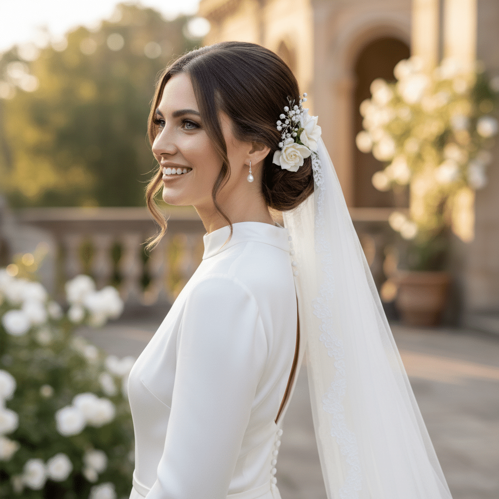 Bride in elegant white dress and veil with floral hairpiece standing outdoors on a sunny day.