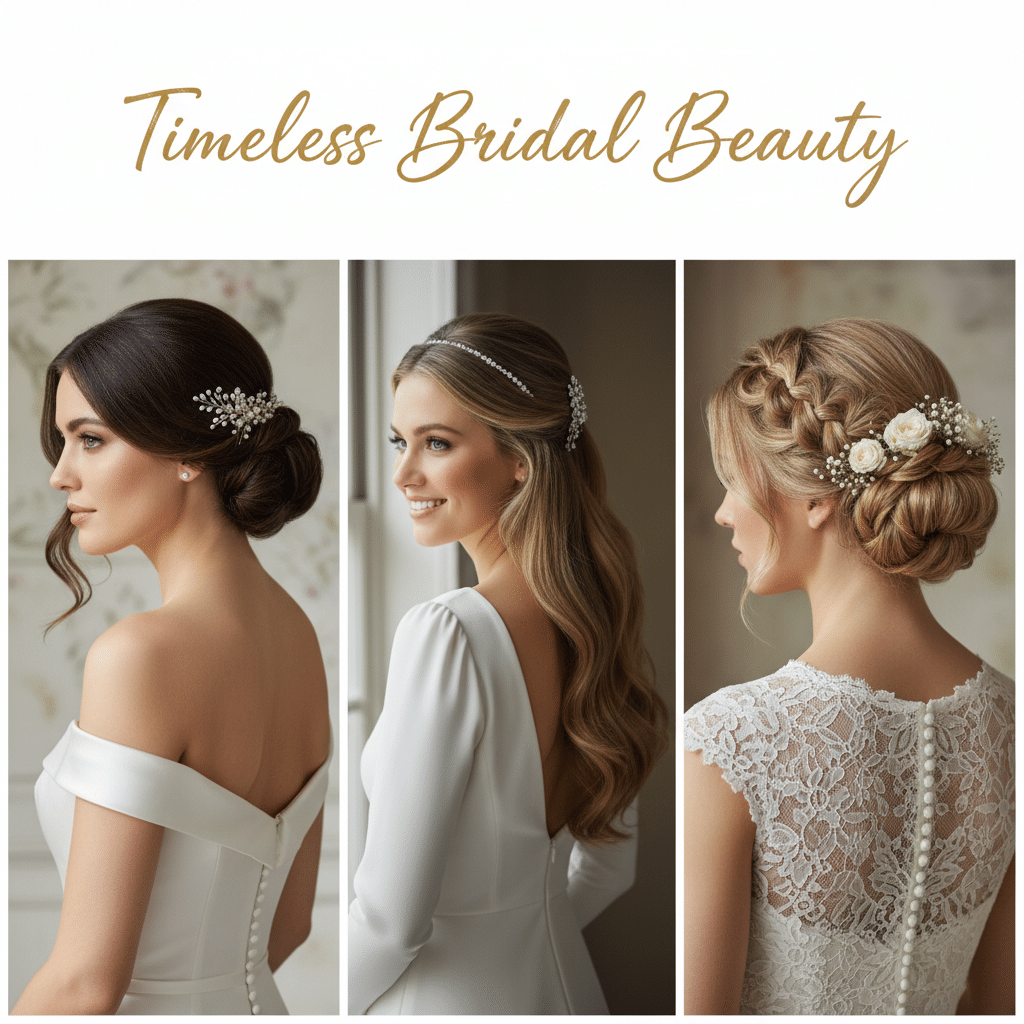 Elegant bridal hairstyles showcasing timeless beauty in updo, loose waves, and braided styles with floral accents.
