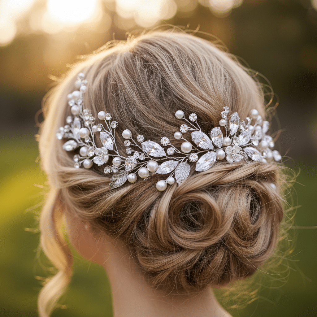 Elegant bridal updo with pearl and crystal hair accessory in natural setting.