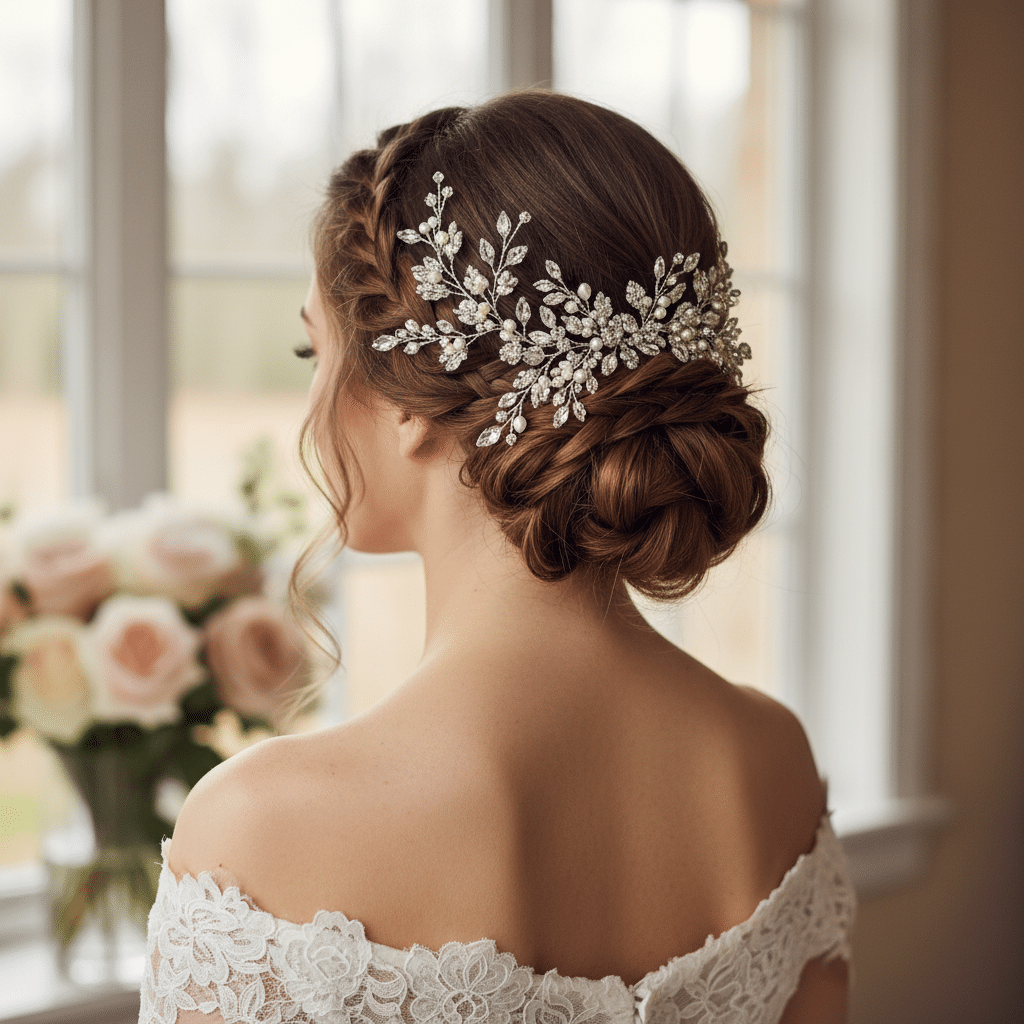 Bride with an elegant updo hairstyle adorned with a sparkling hairpiece, set against a window view.