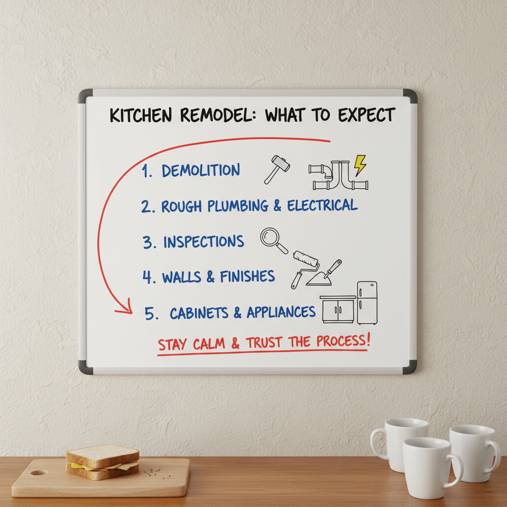 Whiteboard displaying kitchen remodel steps: demolition, plumbing, inspections, finishes, appliances. Encouragement: stay calm.
