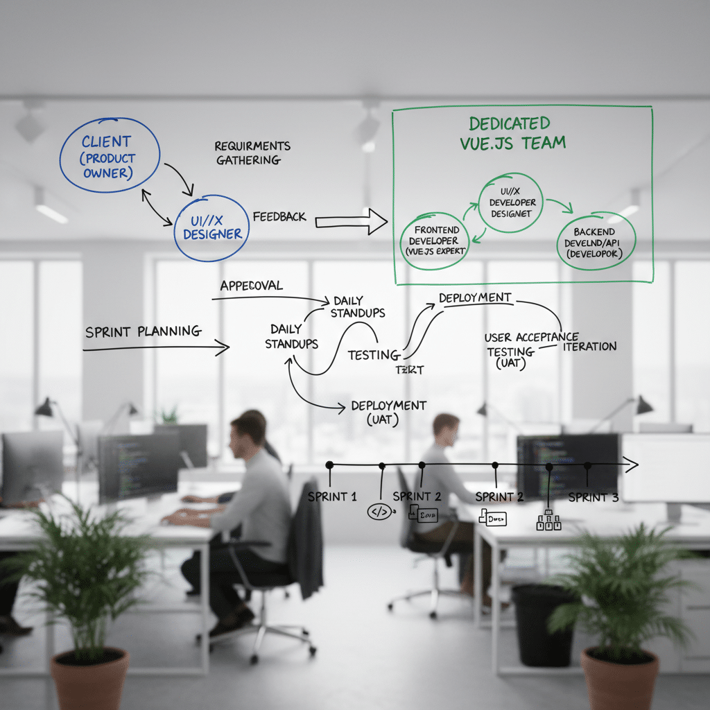 Office scene with a software development workflow diagram on glass, showing a dedicated Vue.js team and sprint planning process.