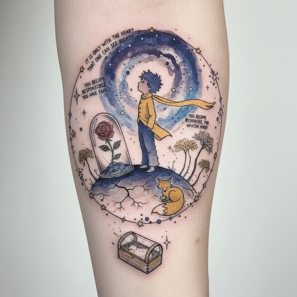 ai-photo-studio-1760565098192-1 Colorful tattoo of a child, fox, and rose under stars, inspired by The Little Prince, with a whimsical, dreamy design. | Sky Rye Design Colorful tattoo of a child, fox, and rose under stars, inspired by The Little Prince, with a whimsical, dreamy design.