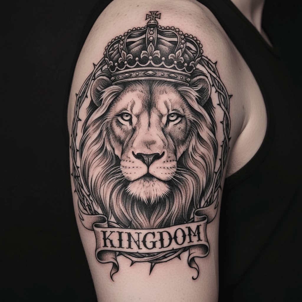ai-photo-studio-1760567410107-1 Lion tattoo with a crown on shoulder, featuring the word Kingdom beneath, symbolizing strength and majesty. | Sky Rye Design Lion tattoo with a crown on shoulder, featuring the word Kingdom beneath, symbolizing strength and majesty.