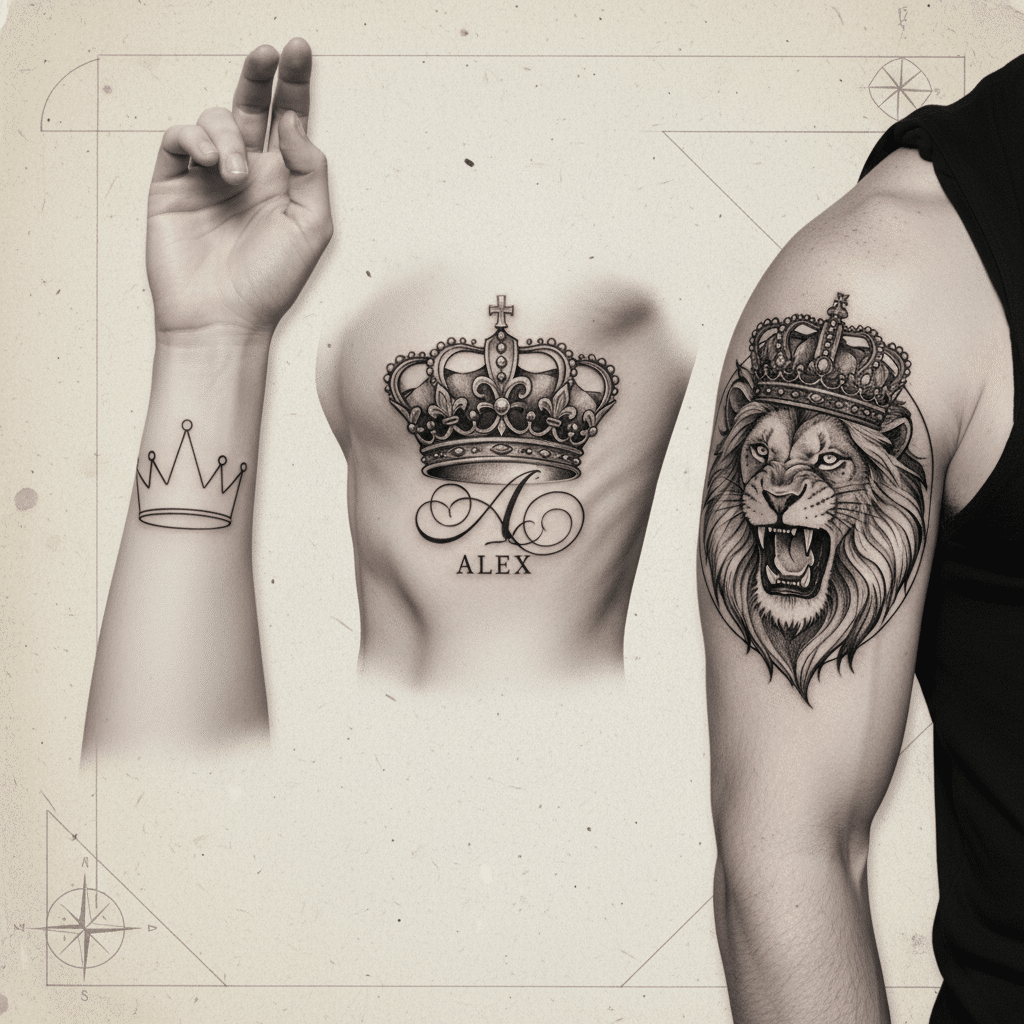 ai-photo-studio-1760567411524-2 Multiple tattoos featuring crowns and a lion design on different body parts. | Sky Rye Design Multiple tattoos featuring crowns and a lion design on different body parts.