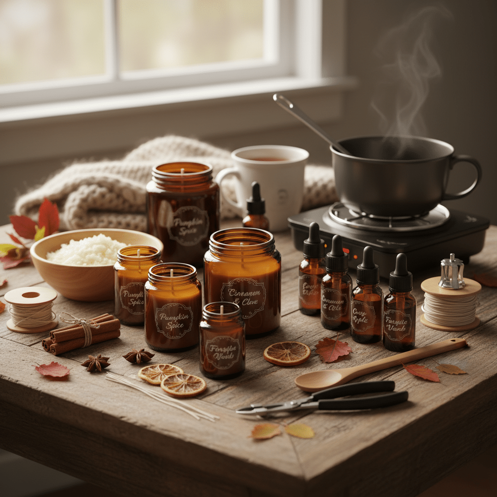 ai-photo-studio-1760635156491-1 DIY candle making setup with amber jars, essential oils, and cozy decor on a wooden table, perfect for fall crafting. | Sky Rye Design DIY candle making setup with amber jars, essential oils, and cozy decor on a wooden table, perfect for fall crafting.