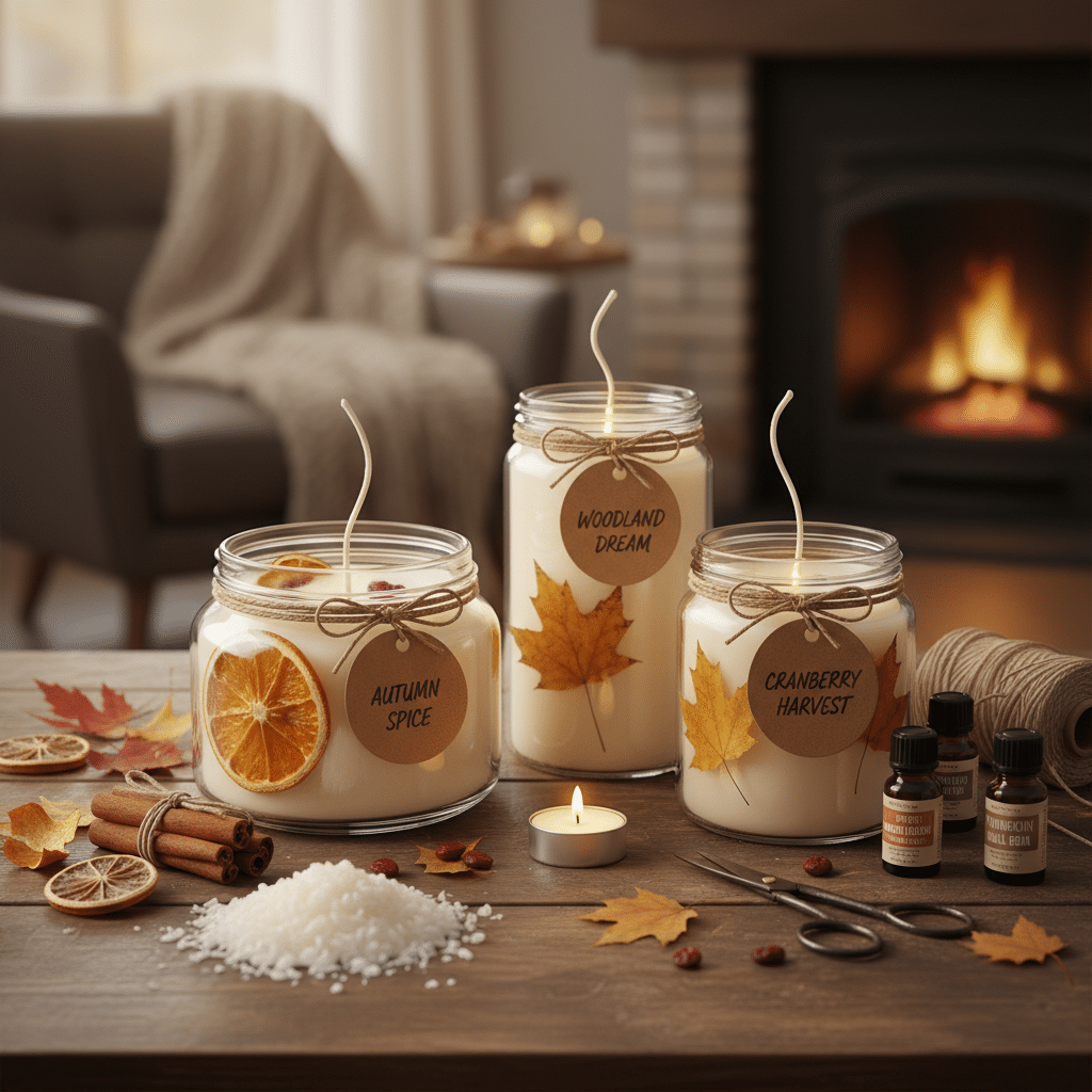 ai-photo-studio-1760635157725-2 Three scented candles labeled Autumn Spice, Woodland Dream, and Cranberry Harvest on a cozy table setting. | Sky Rye Design Three scented candles labeled Autumn Spice, Woodland Dream, and Cranberry Harvest on a cozy table setting.