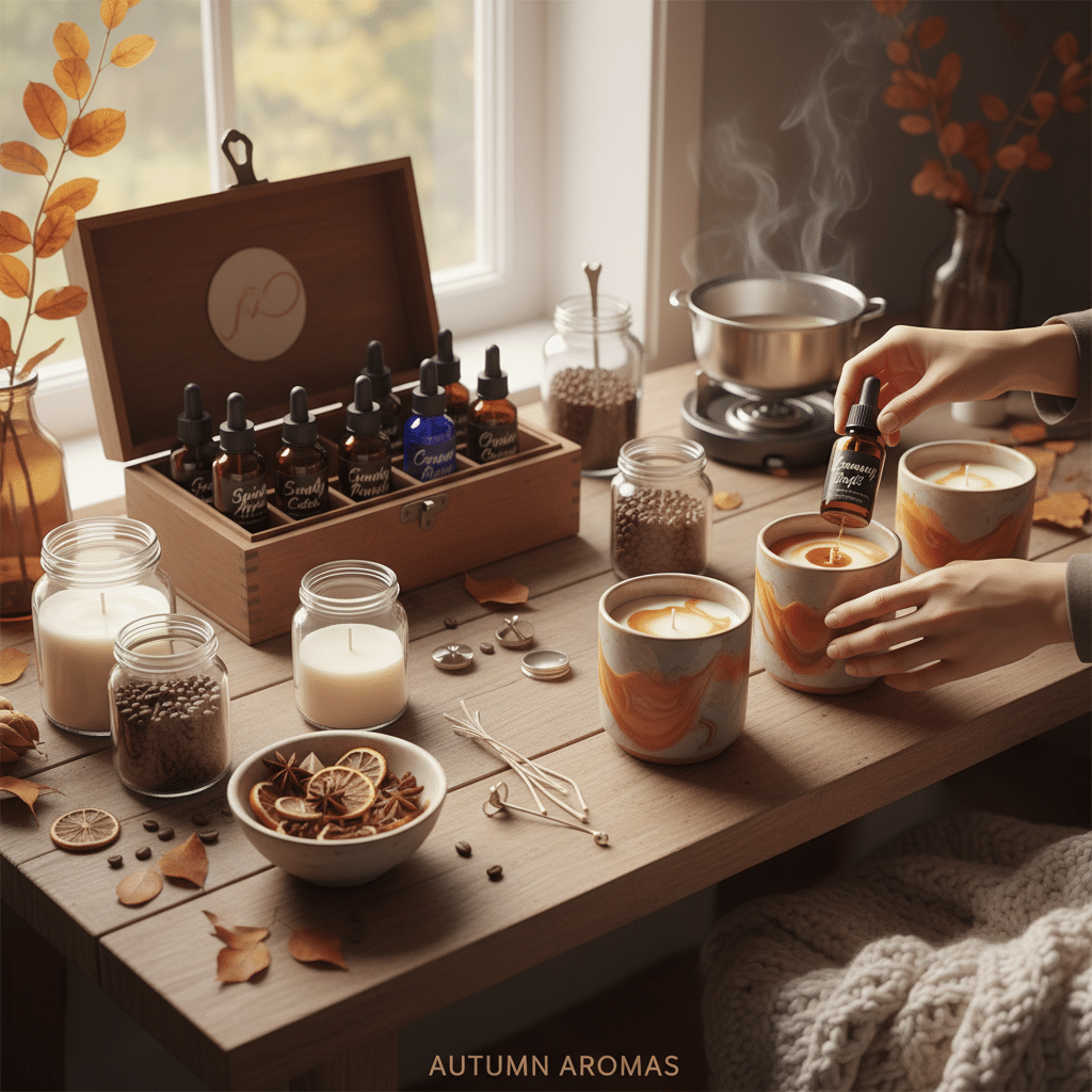 ai-photo-studio-1760635360376-1 Autumn candle-making setup with essential oils, spices, and cozy decor on a wooden table, creating a warm seasonal ambiance. | Sky Rye Design Autumn candle-making setup with essential oils, spices, and cozy decor on a wooden table, creating a warm seasonal ambiance.