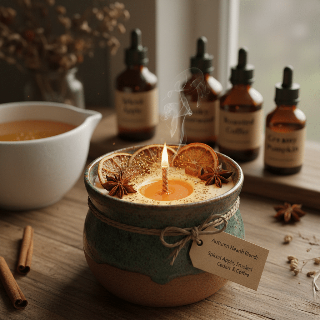 ai-photo-studio-1760635362344-2 Cozy autumn candle with dried citrus and spices, surrounded by essential oil bottles on a rustic table. | Sky Rye Design Cozy autumn candle with dried citrus and spices, surrounded by essential oil bottles on a rustic table.
