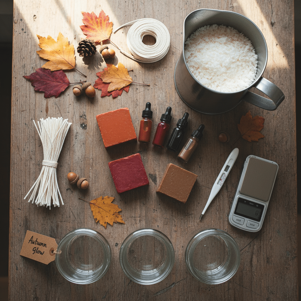 ai-photo-studio-1760637013501-1 Candle-making supplies on wooden table with fall leaves, including wax, wicks, color dyes, and empty jars. | Sky Rye Design Candle-making supplies on wooden table with fall leaves, including wax, wicks, color dyes, and empty jars.