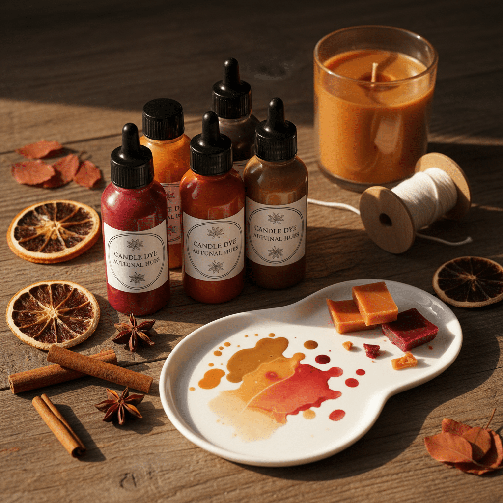 ai-photo-studio-1760637014894-2 Autumn-themed candle dyes, wax samples, and dried decor on a wooden table, perfect for DIY candle making. | Sky Rye Design Autumn-themed candle dyes, wax samples, and dried decor on a wooden table, perfect for DIY candle making.