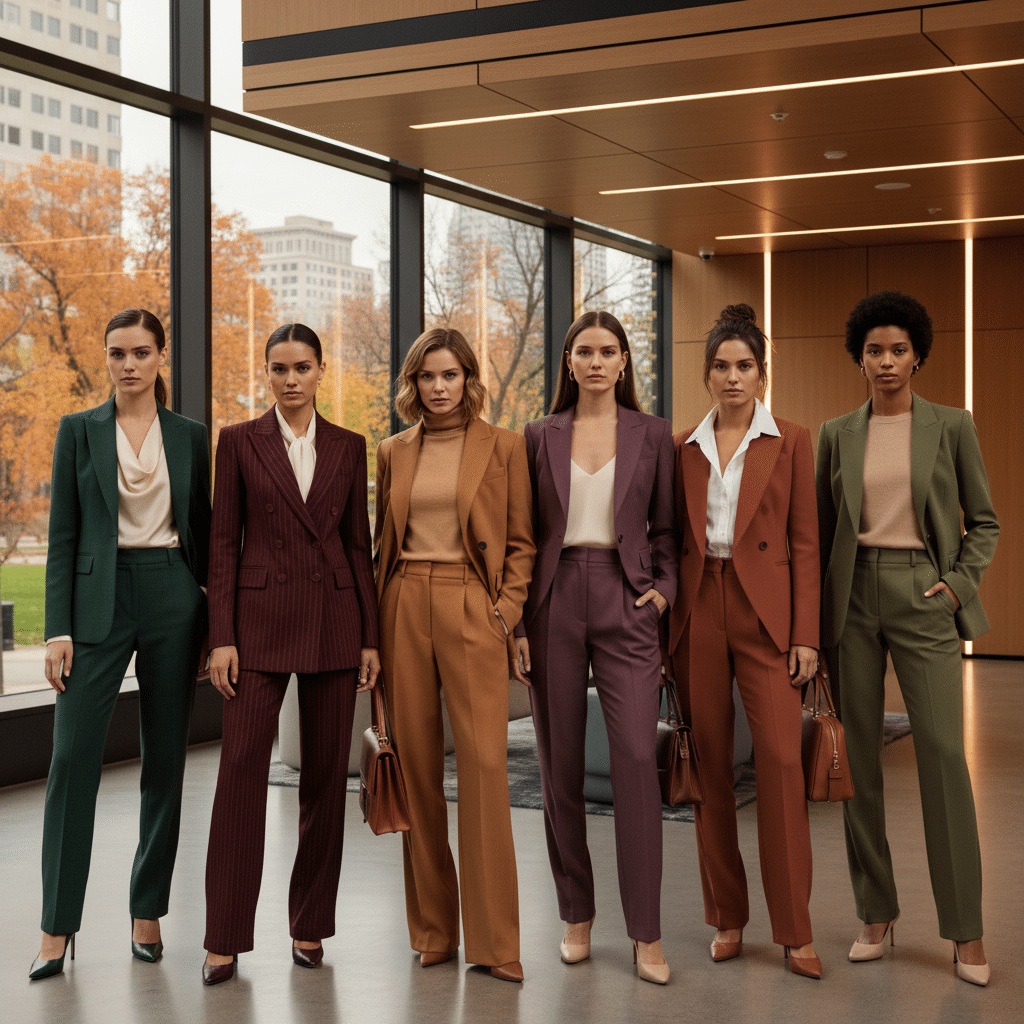 Six women in stylish, colorful suits stand confidently in a modern office setting with autumn scenery outside.