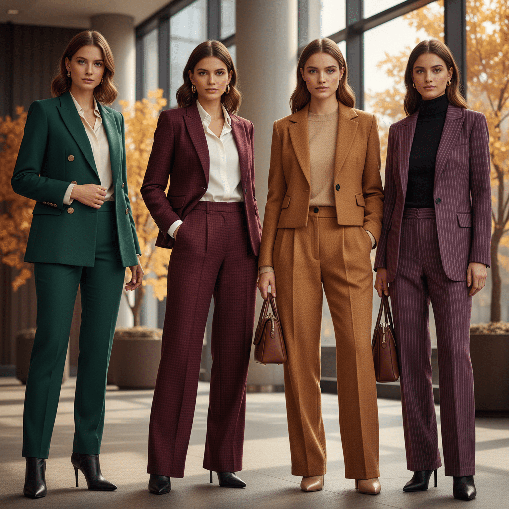 Women in stylish fall suits indoors near window, showcasing trendy business attire for autumn fashion.