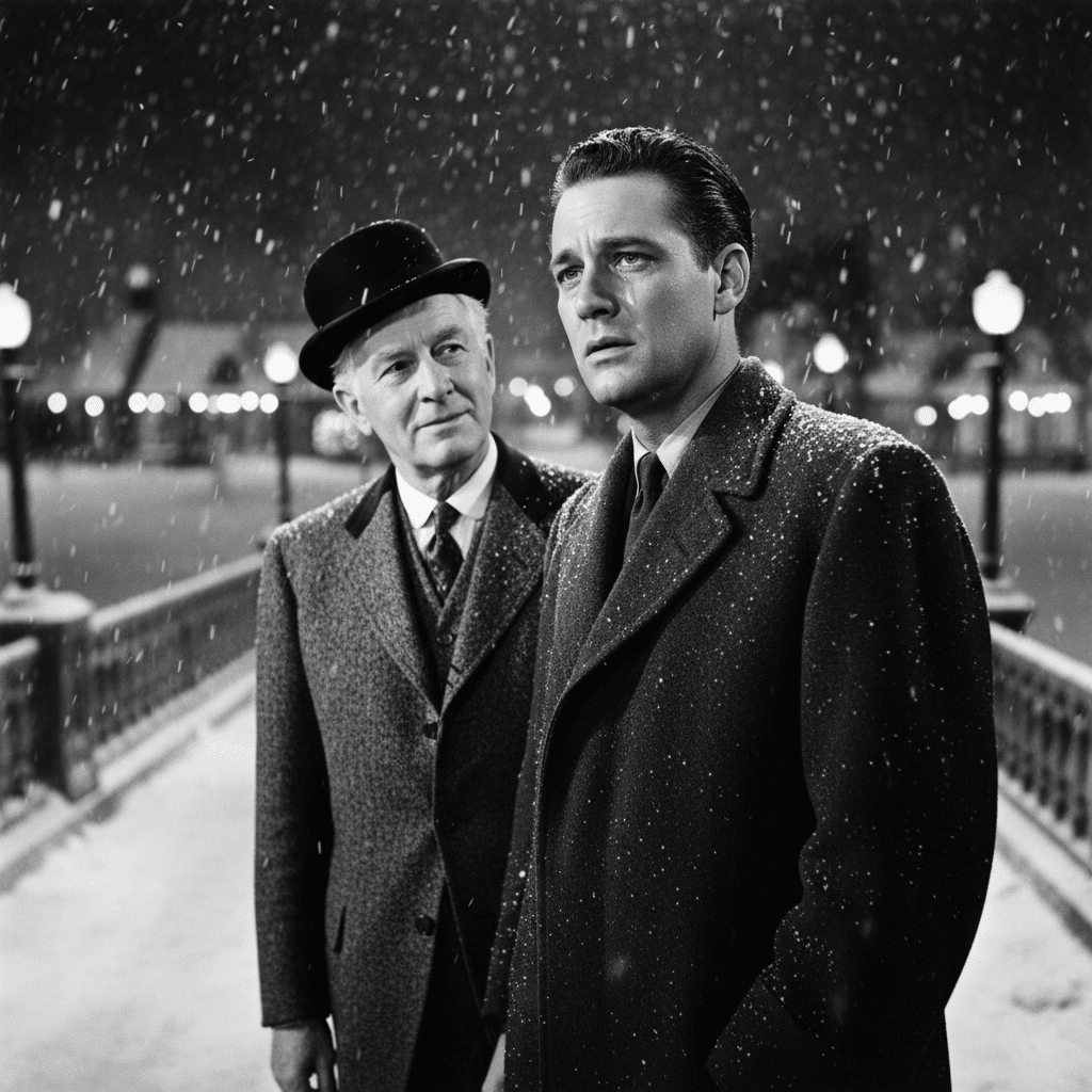 ai-photo-studio-1760657779134-1 Two men in vintage coats stand on a snowy bridge, engaged in a thoughtful conversation, streetlamps glowing behind. | Sky Rye Design Two men in vintage coats stand on a snowy bridge, engaged in a thoughtful conversation, streetlamps glowing behind.