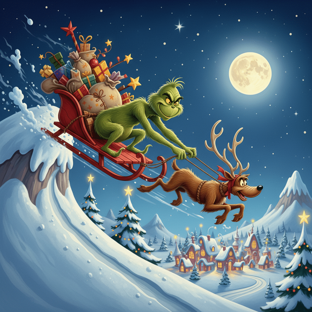 ai-photo-studio-1760658264812-1 Grinch and Max soaring on a sleigh over a snowy village, full moon shining in the festive night sky. | Sky Rye Design Grinch and Max soaring on a sleigh over a snowy village, full moon shining in the festive night sky.