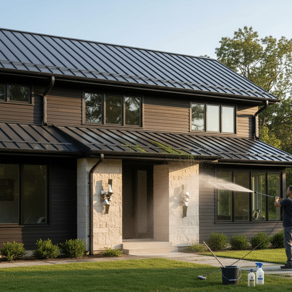 Person power washing modern house roof, removing moss. House cleaning maintenance under clear sky.
