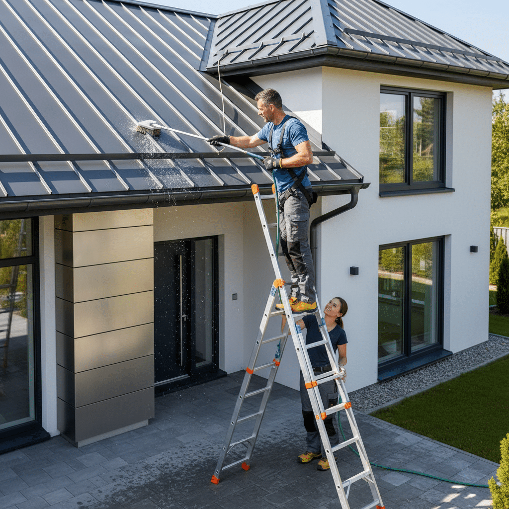 Man on ladder cleaning a modern roof with a brush while woman holds ladder for safety.