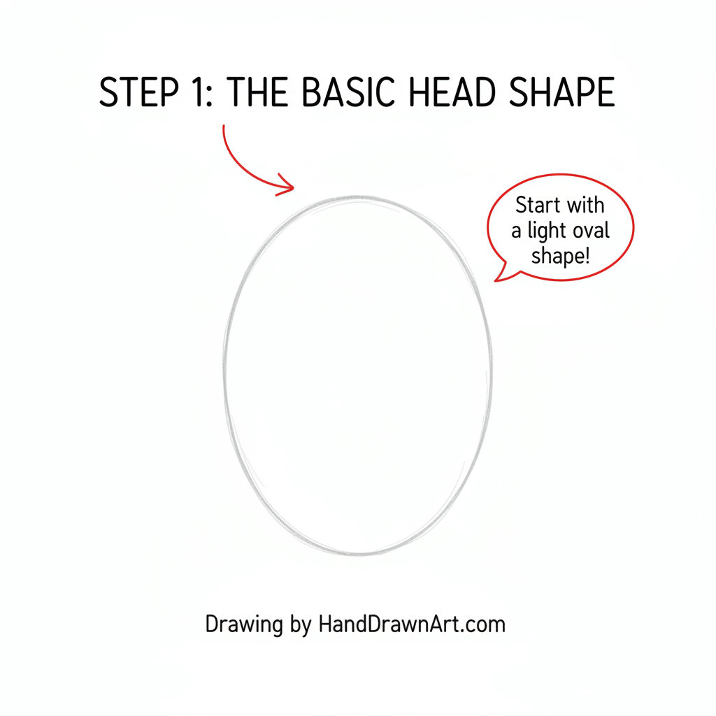Basic head shape drawing guide showing a light oval as step 1 for portrait art.