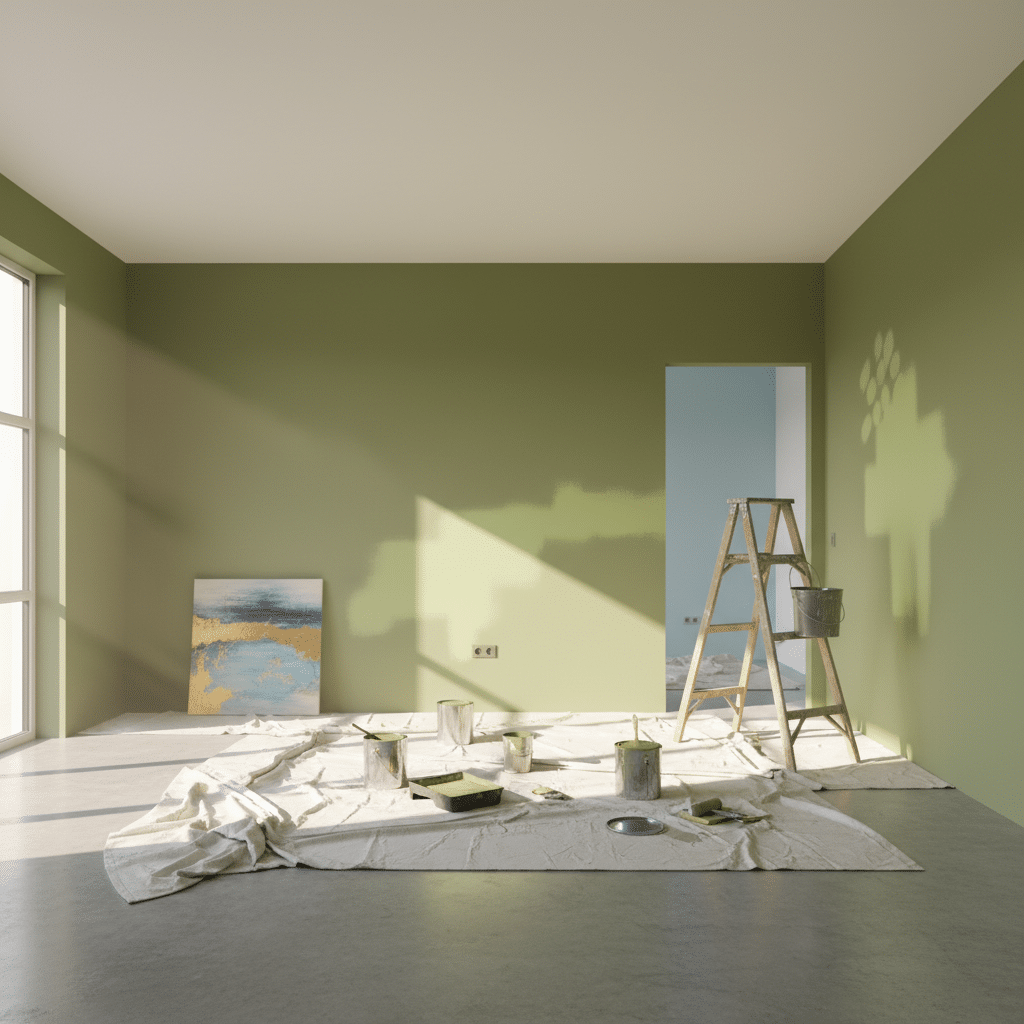 ai-photo-studio-1760782845444-1 Room with green walls being painted, paint cans on drop cloth, and ladder by window with natural light. | Sky Rye Design Room with green walls being painted, paint cans on drop cloth, and ladder by window with natural light.