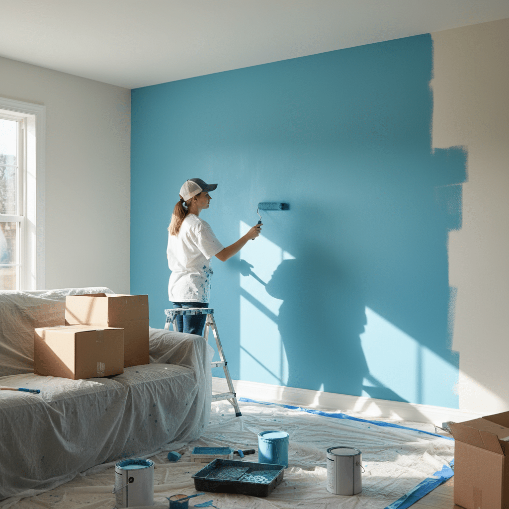 ai-photo-studio-1760782848197-2 Person painting a room wall light blue with a roller, surrounded by moving boxes and covered furniture. | Sky Rye Design Person painting a room wall light blue with a roller, surrounded by moving boxes and covered furniture.