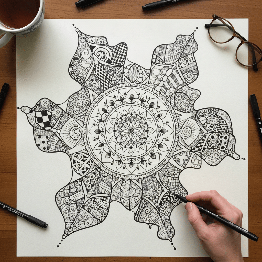 Hand drawing intricate mandala art with pens on a wooden table, surrounded by glasses and a cup of tea.