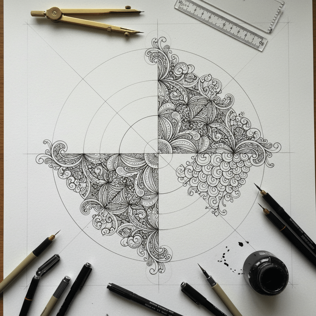 Intricate mandala design in progress with drawing tools on a table, showcasing detailed linework and patterns.