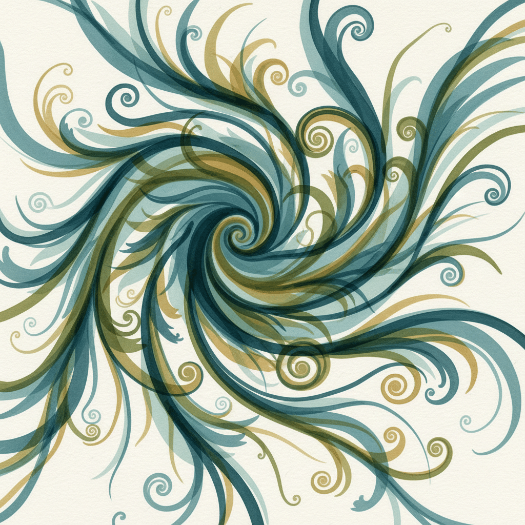 Abstract swirl pattern with blue and green curved lines creating a dynamic spiral on a white background.