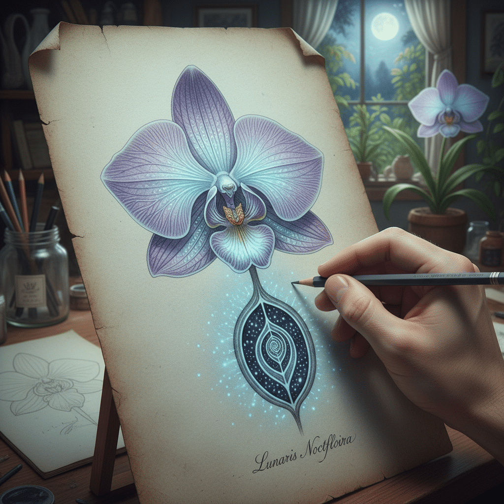 Drawing of an orchid under moonlight, labeled Lunaris Noctiflora, crafted on aged paper with artist's hand in view.