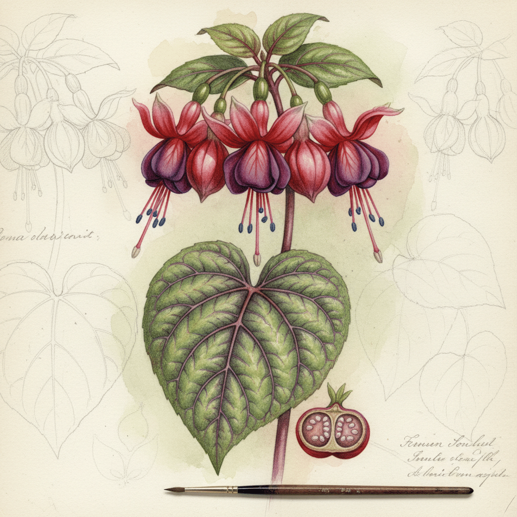 Illustration of a colorful fuchsia plant with detailed leaves and blossoms, pencil sketches, and a paintbrush nearby.