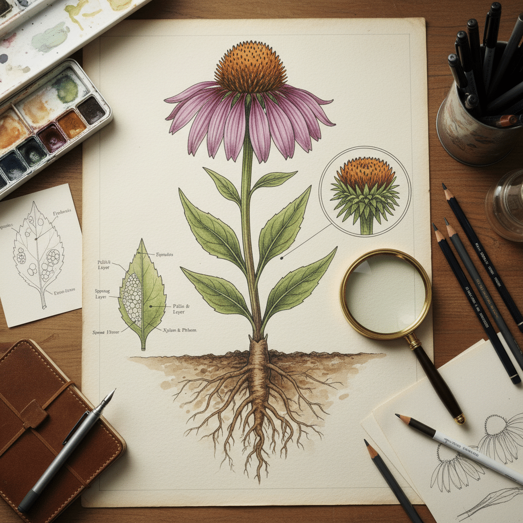 Botanical illustration of an echinacea flower on a desk with drawing tools, magnifying glass, and watercolor paints.