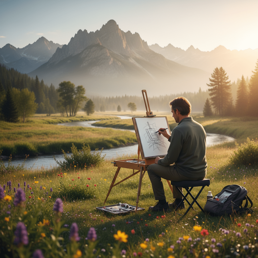 Artist sketching a peaceful mountain landscape by a river at sunrise, surrounded by colorful wildflowers.