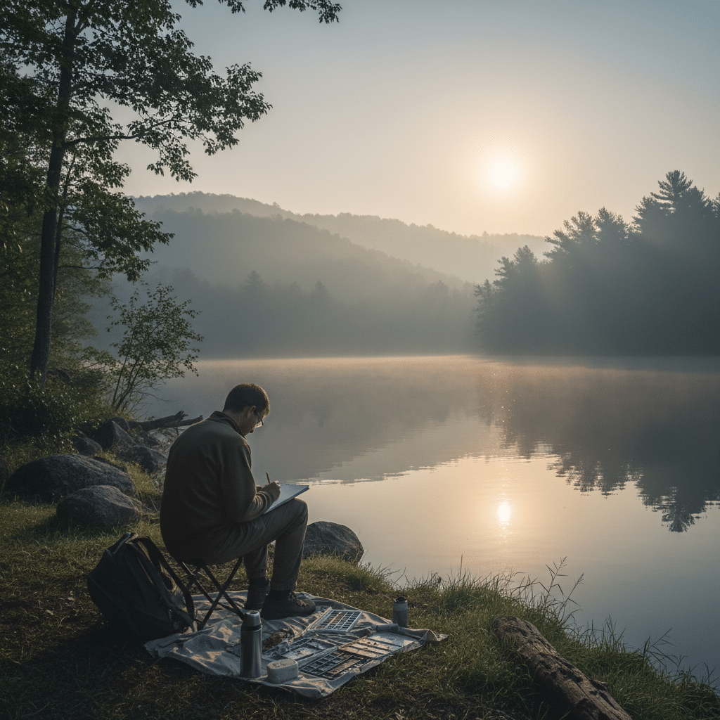 Artist painting by a tranquil lake at sunrise, surrounded by misty mountains and lush trees.