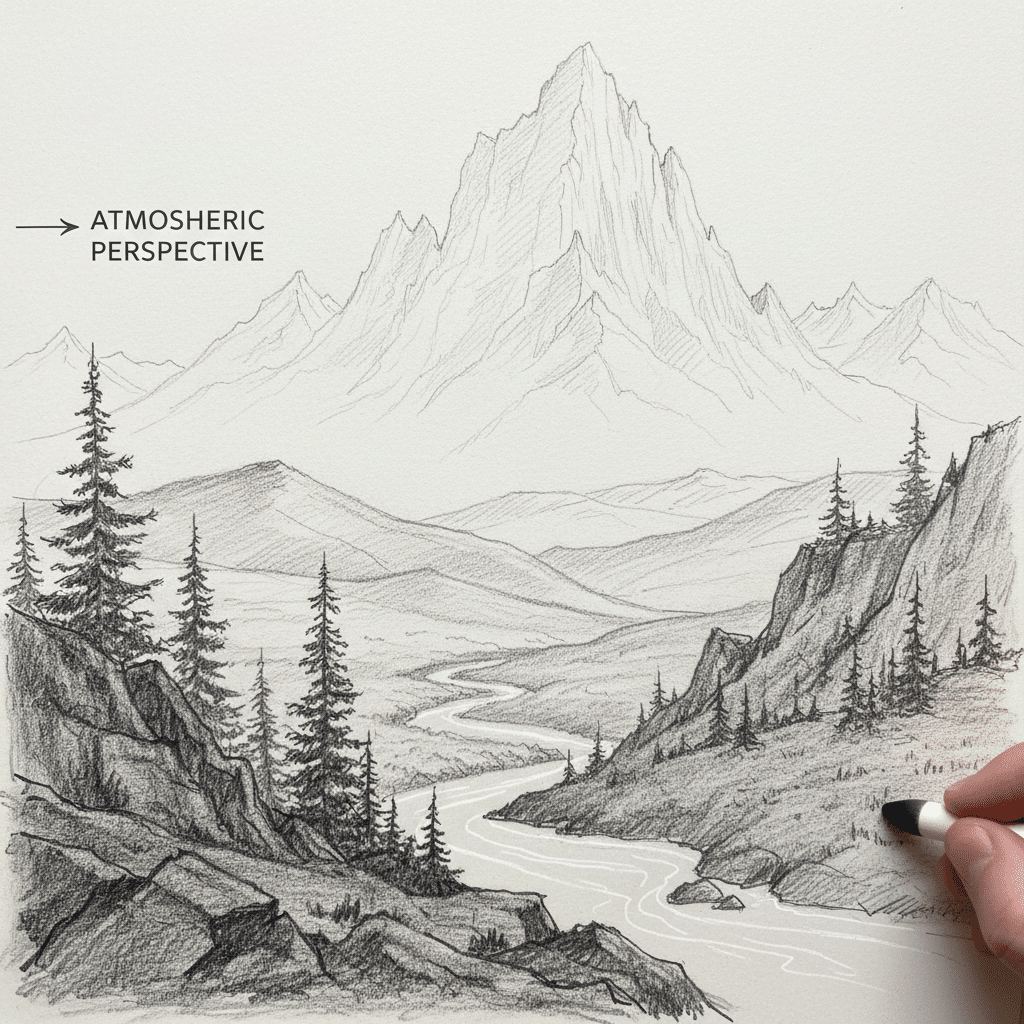 Pencil sketch of a mountain landscape with atmospheric perspective, featuring trees and a winding river.